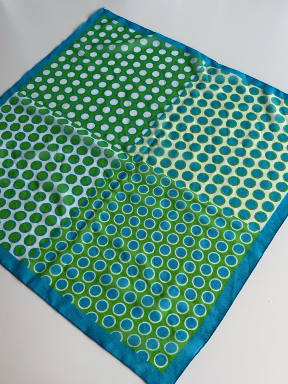 Vintage 60s Silk Scarf Blue Green Mod Polka Dot Op Art Square 20”